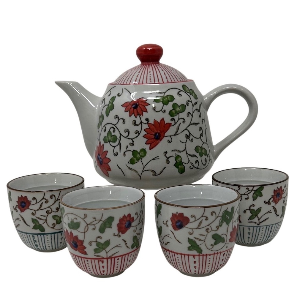 Pier 1 Imports Hua Teapot Set 5 Piece Ceramic‎ Red Floral Vine Tea Service
